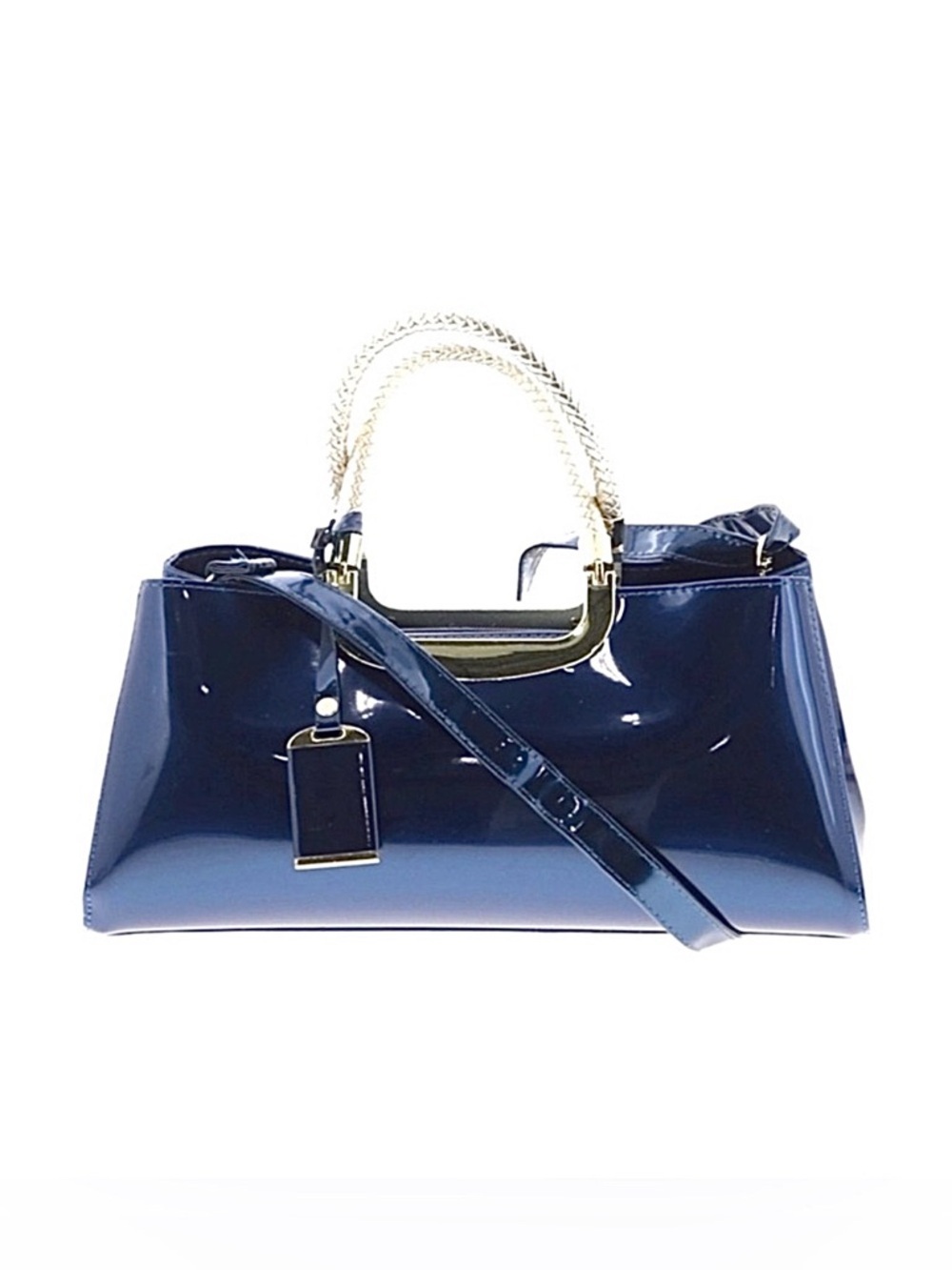 BOUTIQUE BAG ~ Classic Navy Blue Patent Sheen Handbag w/Gold Rope Handles